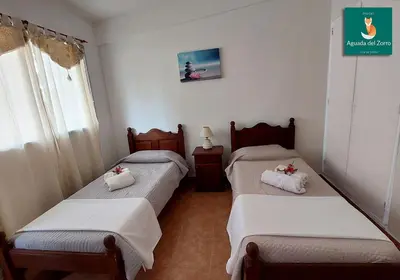 two twin beds in a room with a window at Nuevo Hotel Aguada del Zorro in Merlo