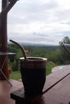 a black vase sitting on a table with a view at Cabaña Las liebres in San Roque
