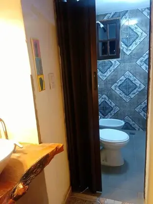 a bathroom with a toilet and a tiled wall at MONOAMBIENTES LOS SAUCES in Mina Clavero