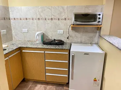 a small kitchen with a white refrigerator and a microwave at Departamentos LOS CEDROS in Mina Clavero