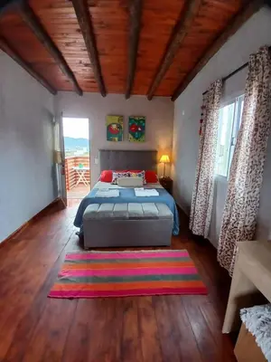 a bedroom with a bed and a rug on the floor at Complejo SARA HOUSE in Santa Rosa de Calamuchita