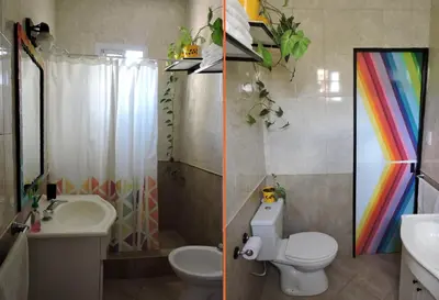 two pictures of a bathroom with a toilet and a sink at DEPARTAMENTO MAGNET in Villa Carlos Paz