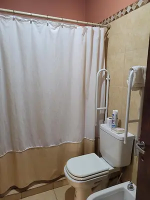 a bathroom with a toilet and a shower curtain at Alto Hermoso Apart in Cordoba