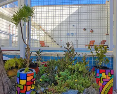 a garden with potted plants and a swimming pool at Hotel Brisas in Villa Carlos Paz