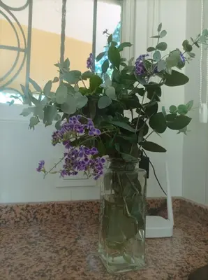a vase filled with purple flowers sitting on a counter at Torito's House 3 in Tanti