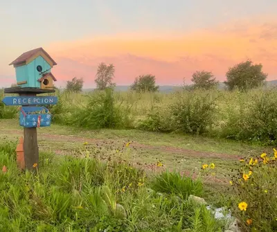 a bird house on a post in a field at Pequeña Polonia-Lodge & Cabañas in Los Reartes