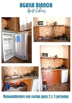 a collage of pictures of a kitchen with a refrigerator at Aguila Blanca in Mina Clavero