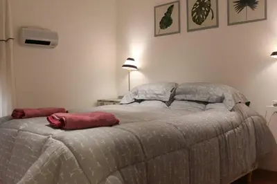 a bedroom with a bed with two red pillows on it at Nuevo Abrojal: departamento en Barrio Güemes in Cordoba