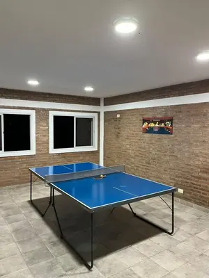 a blue ping pong table in a room with a brick wall at Hotel Aimara in Mina Clavero