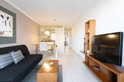 a living room with a black couch and a flat screen tv at AT Suites in Cordoba