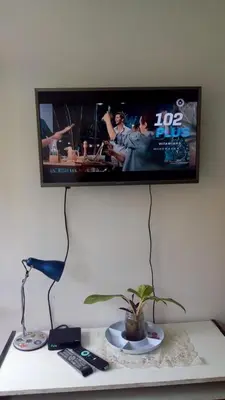a television on a wall above a table with a plant at Departamento del centro in Cordoba