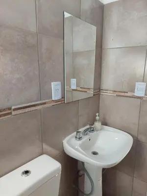 a bathroom with a sink and a mirror and a toilet at Loma Alta Apart in Villa Yacanto