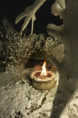 a fire pit in the snow with a bird standing next to it at I Víla in Villa Carlos Paz