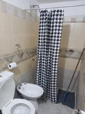 a bathroom with a toilet and a shower curtain at Descanso Serrano in Santa Rosa de Calamuchita