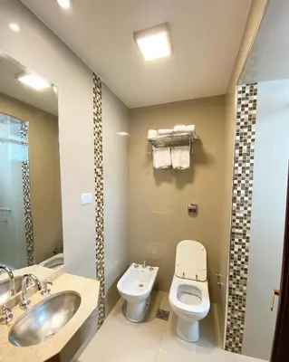 a bathroom with a toilet and a sink at HOTEL CASTELAR CORDOBA in Cordoba