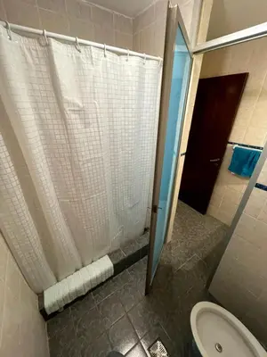 a bathroom with a shower curtain and a toilet at Amplio departamento ZONA CENTRO (2) in Cordoba