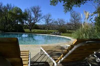 a swimming pool with two lounge chairs next to it at Manantial Hostería & Cabañas in Nono