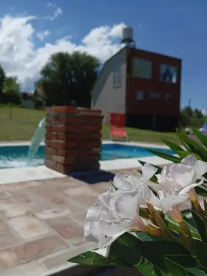 a white flower sitting next to a swimming pool at Cabañas Guayacán in Bialet Massé