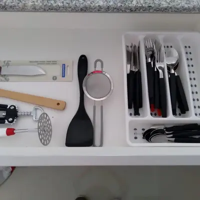 a drawer filled with utensils on a counter at Departamento Avani, nuevo A ESTRENAR, GIMNASIO Y SUM in Cordoba