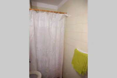 a bathroom with a shower curtain and a toilet at DEPARTAMENTO KRISTINA in Villa Carlos Paz