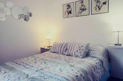 a bedroom with a bed with a comforter and two lamps at Nuevocentro Modern in Cordoba