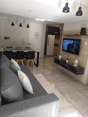 a living room with a gray couch and a television at Departamento 2 dormitorios Nueva Cordoba in Cordoba