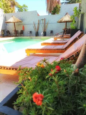 a pool with several lounge chairs and flowers next to it at Lion D`Or in Villa Carlos Paz