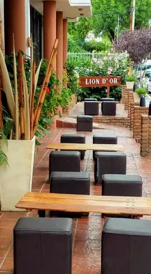 a row of tables and chairs in front of a building at Lion D`Or in Villa Carlos Paz