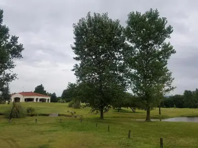 two trees and a house in a field with a pond at Apart Carlos Paz Golf Country Club in Villa Carlos Paz