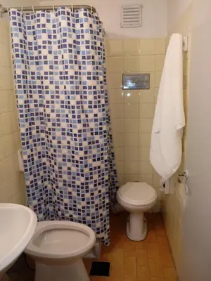 a bathroom with a toilet and a shower curtain at hermoso Dpto. sobre La cañada en el centro de Córdoba capital-Argentina in Cordoba