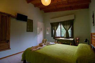 a bedroom with a green bed in a room at El Viejo Algarrobo - Hosteria Serrana in Merlo
