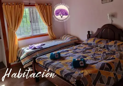 a bedroom with two beds and a window at Cabañas Kiri in Santa Rosa de Calamuchita