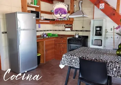 a kitchen with a refrigerator and a table with chairs at Cabañas Kiri in Santa Rosa de Calamuchita