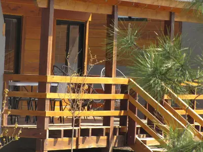 a wooden staircase leading to the front of a cabin at Monviso - Casas de montaña in Santa Rosa de Calamuchita