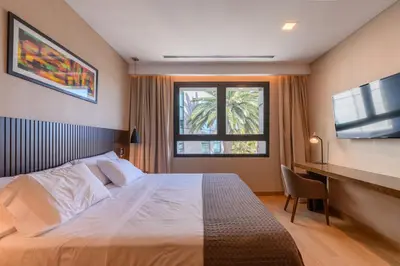 a bedroom with a bed and a desk and a television at MAE Singular Hotel in Cordoba