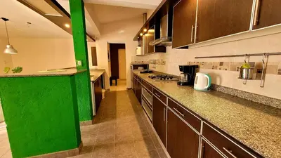 a large kitchen with brown cabinets and green accents at Victorino House en el Cerro de las Rosas con cochera in Cordoba