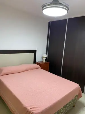 a bedroom with a bed with a pink blanket at Departamento Sorrentos in Villa Carlos Paz
