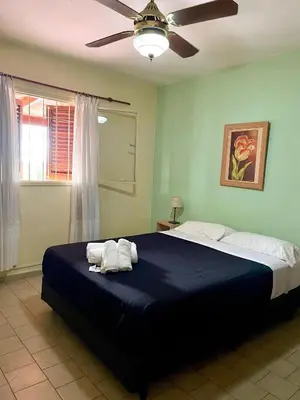 a bedroom with a large bed with a ceiling fan at terrazas del Tajamar in Alta Gracia