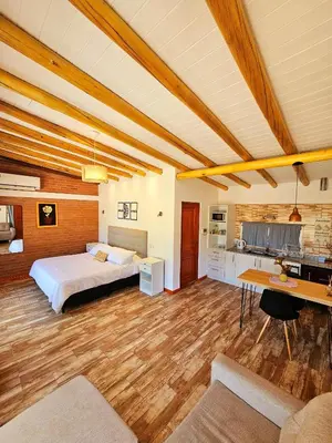 a large bedroom with a bed and a kitchen at Los Molles Suites -Solo 2 Pax- in Mina Clavero