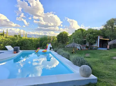 a swimming pool with a horse next to a house at Los Molles Suites -Solo 2 Pax- in Mina Clavero