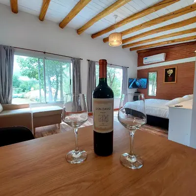 a bottle of wine sitting on a table with two wine glasses at Los Molles Suites -Solo 2 Pax- in Mina Clavero