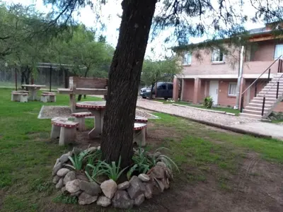 a group of benches around a tree in a park at APART CABAÑAs LOS COCKERS in Santa Rosa de Calamuchita