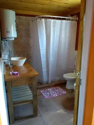 a bathroom with a sink and a toilet at APART CABAÑAs LOS COCKERS in Santa Rosa de Calamuchita