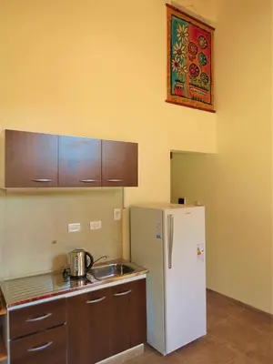 a kitchen with a white refrigerator and a sink at Cabañas Puentes Amarillos in Santa Rosa de Calamuchita