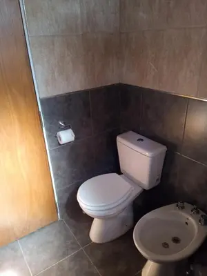 a bathroom with a white toilet and a sink at Cabañas Puentes Amarillos in Santa Rosa de Calamuchita