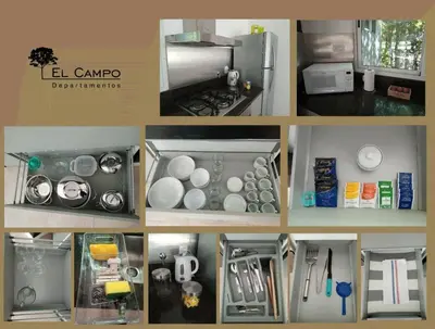 a collage of photos of a kitchen with a refrigerator at El Campo Departamentos in Merlo