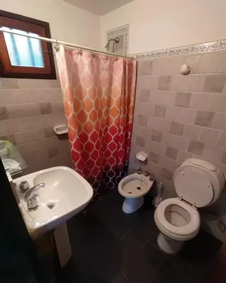 a bathroom with a sink and a toilet and a shower curtain at El jagüel in Villa General Belgrano