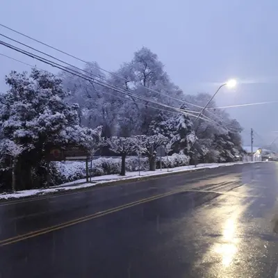 a snow covered street with a street light and trees at Lola Maria Apart in Villa General Belgrano