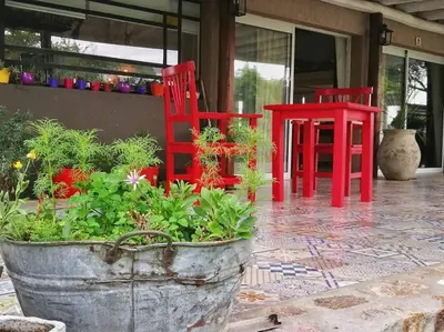 two red chairs and a planter with plants in it at LOFT DE MONTAÑA -LaS RABONAS - PISCINA EXCLUSIVA in Las Rabonas