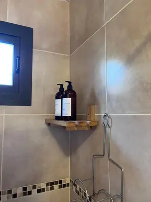 a bathroom with two bottles of soap on a shelf at Cabañas Samarana in Carpintería